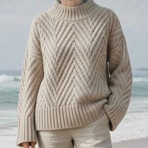 Oatmeal Beige Chevron Mock Oversize Cable Knit Sweater XS Spring Boho Gorpcore